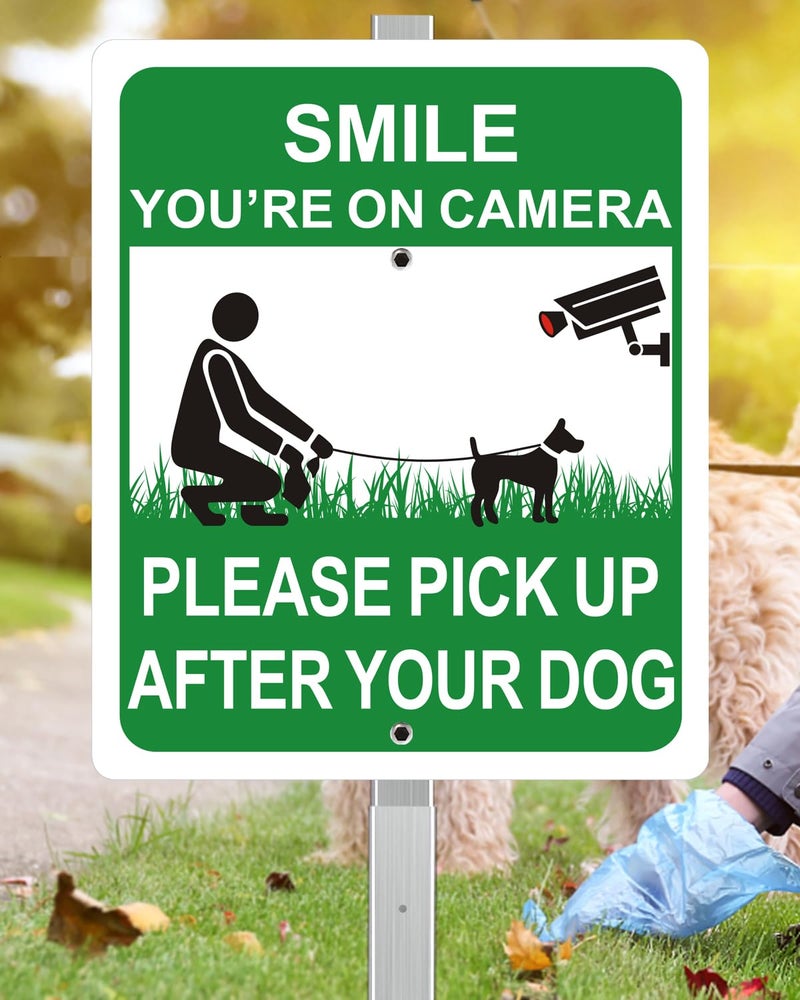 i-CowFun Heavy Duty Metal Pick Up After Your Dog Sign Camera, 12"" x 10"" Aluminum Clean Up After Your Dog Sign with 28"" Stake, Weather Resistant - Image 1